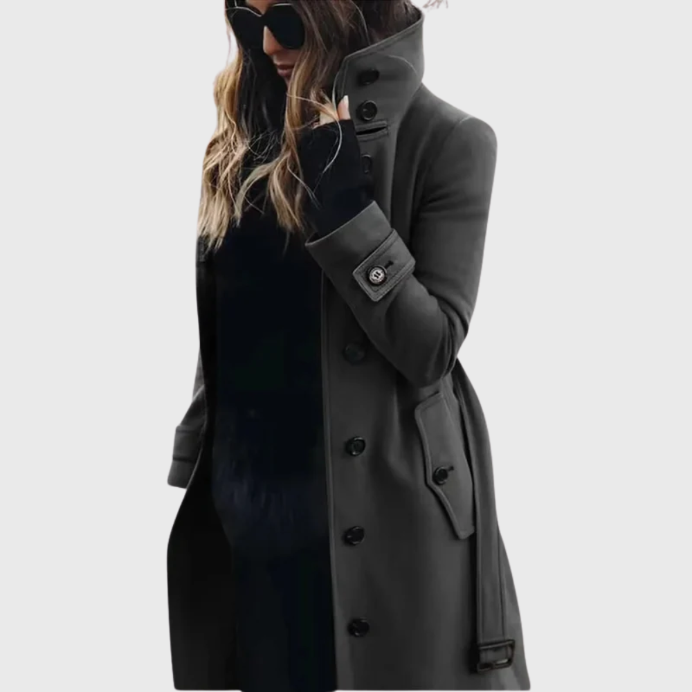 Tasana | Women’s Coat | Button Front High Stand Collar Dark Gray