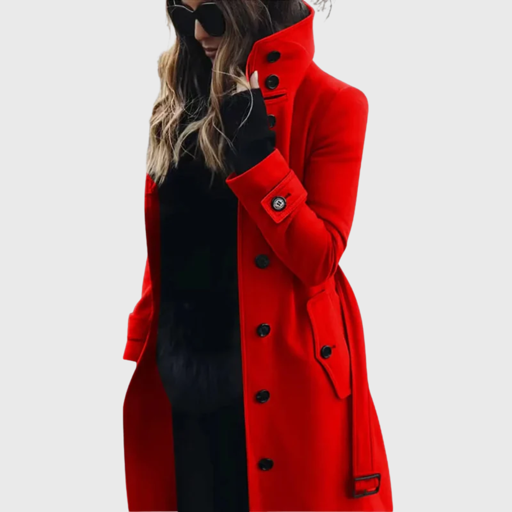 Tasana | Women’s Coat | Button Front High Stand Collar Red