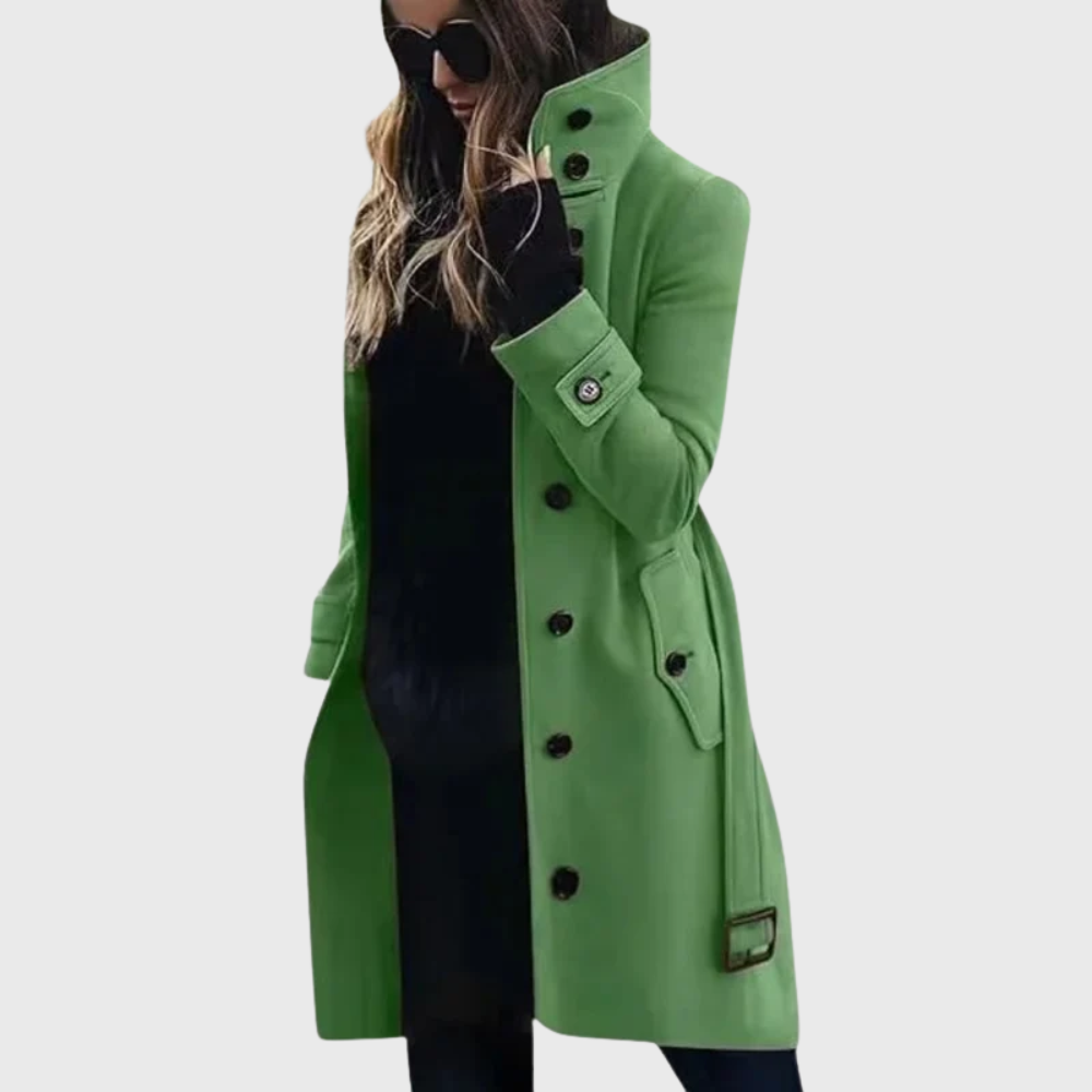 Tasana | Women’s Coat | Button Front High Stand Collar Green