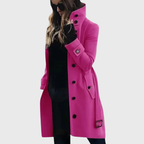 Tasana | Women’s Coat | Button Front High Stand Collar Dark Pink