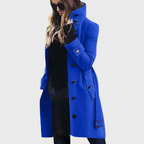 Tasana | Women’s Coat | Button Front High Stand Collar Blue