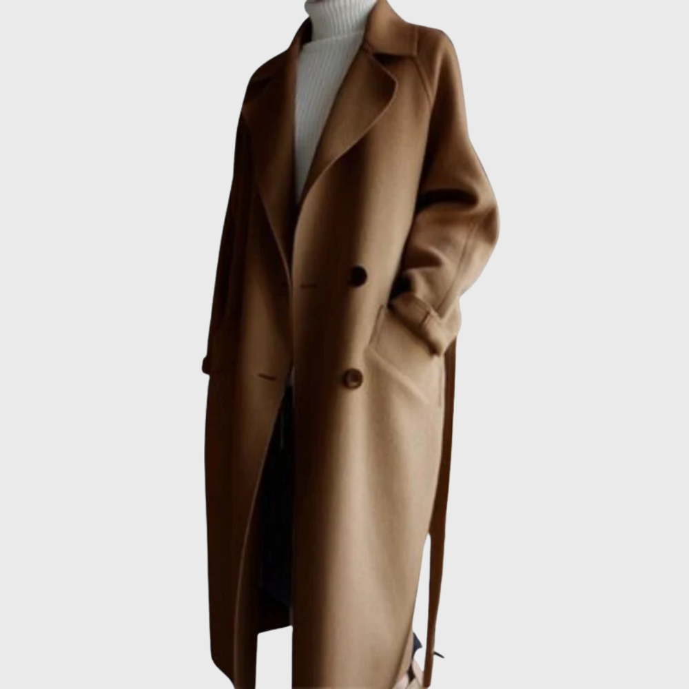 Ēden | Women's Belted Longline Coat - Elegant Tailored Wool Blend Trench & Wrap Overcoat Brown