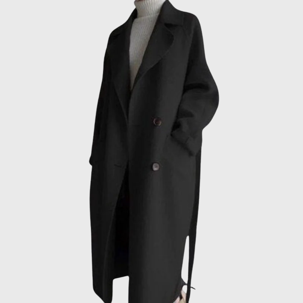 Ēden | Women's Belted Longline Coat - Elegant Tailored Wool Blend Trench & Wrap Overcoat Black