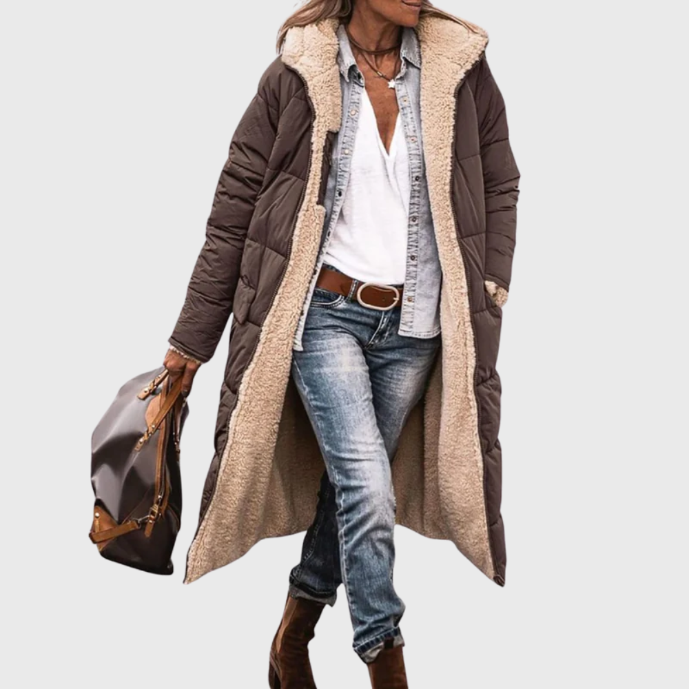 Tasana | Women's Reversible Coat - 2-in-1 Warm Sherpa Fleece & Quilted Puffer Jacket Brown