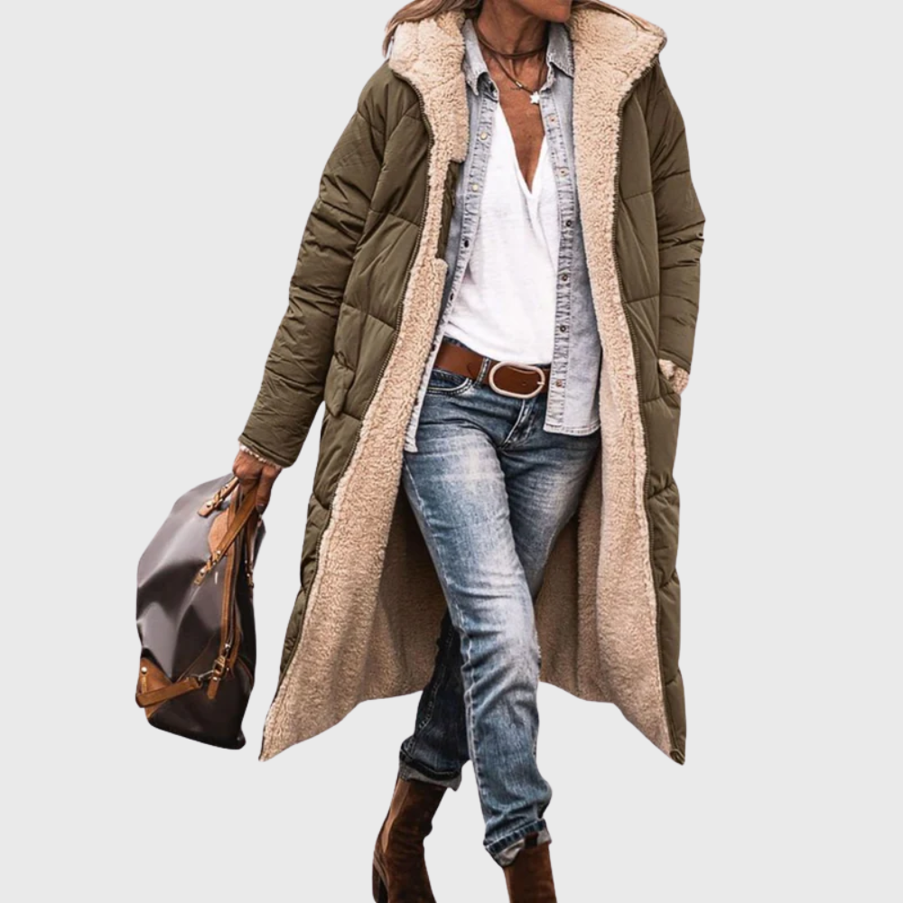Tasana | Women's Reversible Coat - 2-in-1 Warm Sherpa Fleece & Quilted Puffer Jacket Green