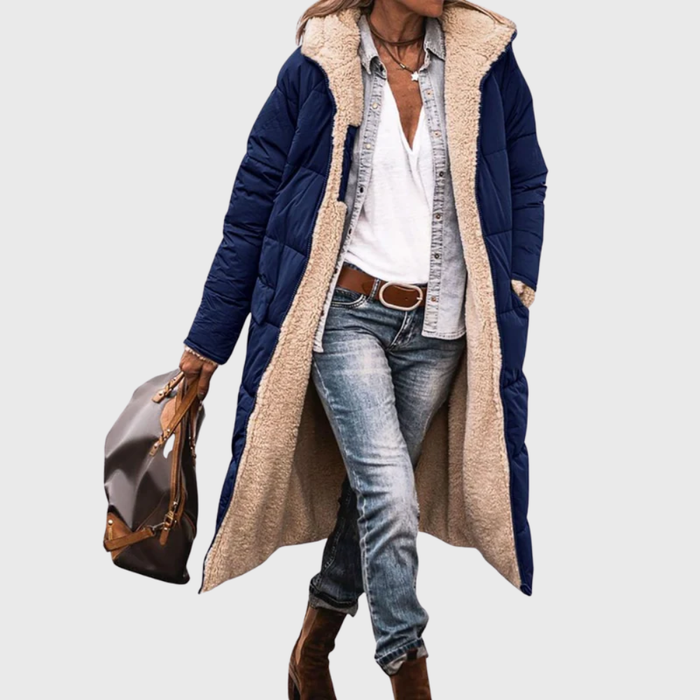 Tasana | Women's Reversible Coat - 2-in-1 Warm Sherpa Fleece & Quilted Puffer Jacket Navy