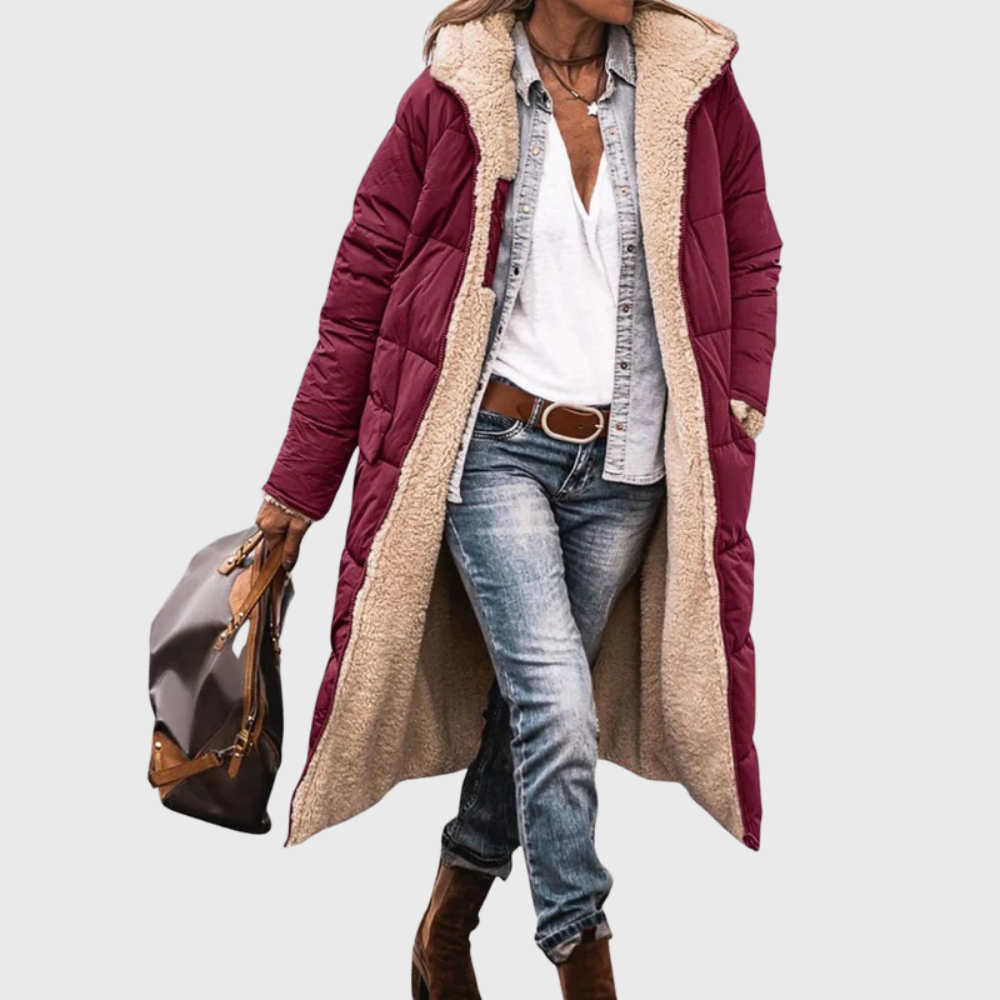 Tasana | Women's Reversible Coat - 2-in-1 Warm Sherpa Fleece & Quilted Puffer Jacket Dark Red
