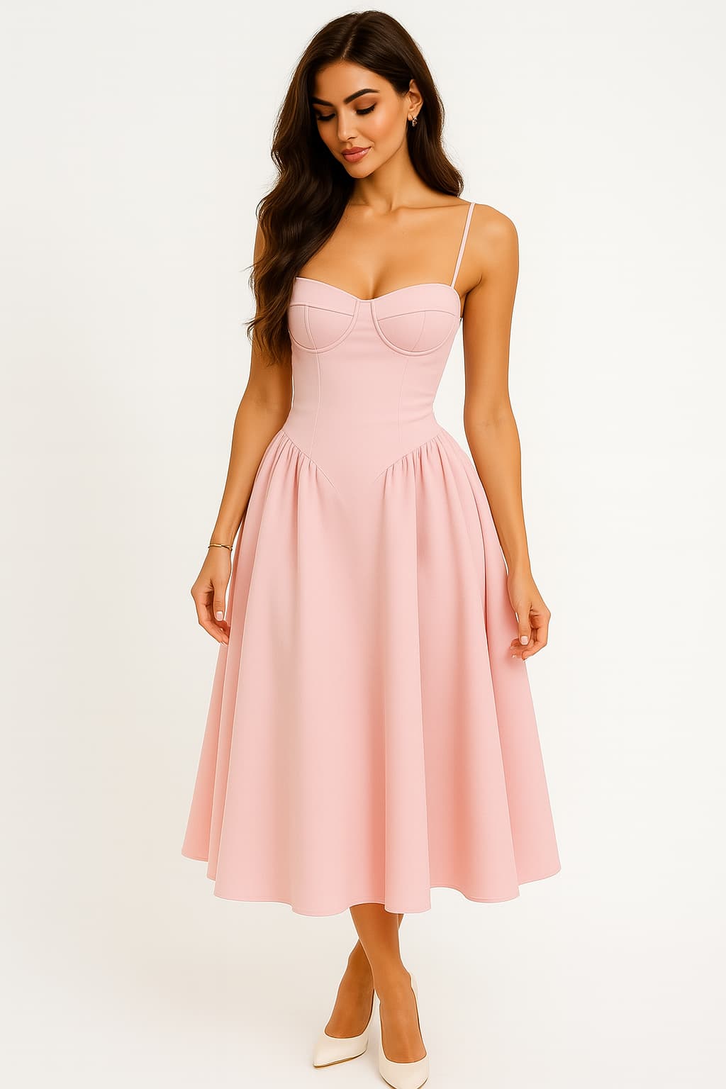 Flōre | Pink Wedding Guest Dress for Women, Corset Bodice A-Line Midi Dress Pink