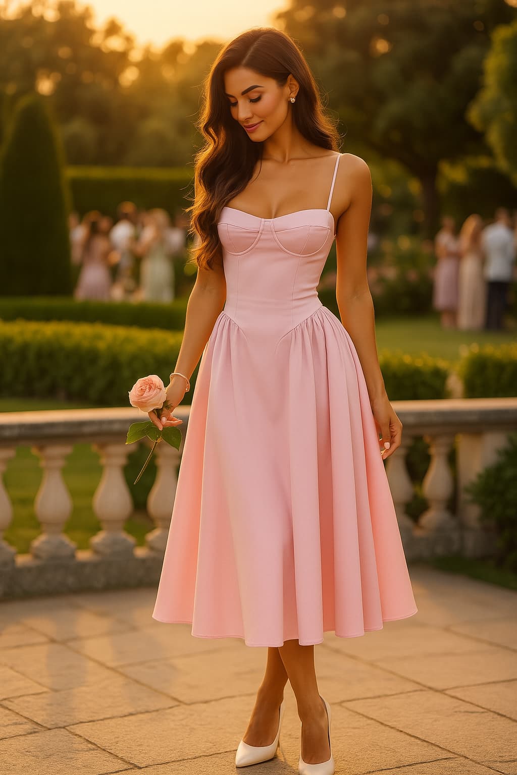 Flōre | Pink Wedding Guest Dress for Women, Corset Bodice A-Line Midi Dress