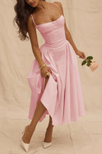 Flōre | Pink Wedding Guest Dress for Women, Corset Bodice A-Line Midi Dress