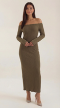 Women's Off-Shoulder Bodycon Maxi Dress Sleek Evening Gown Khaki