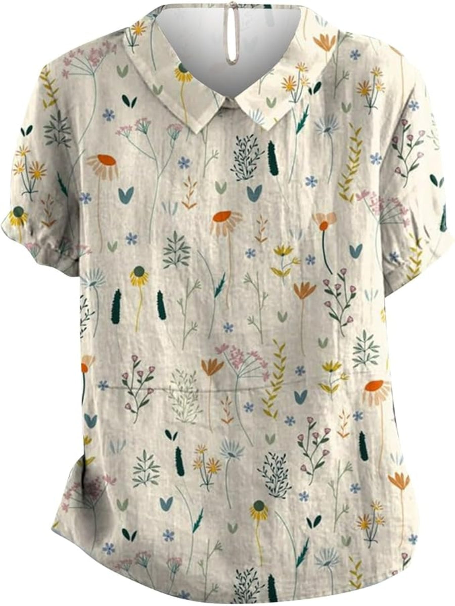 Vena | Women’s Short-Sleeved Blouse – Botanical Floral Pattern & Sharp Structured Collar white