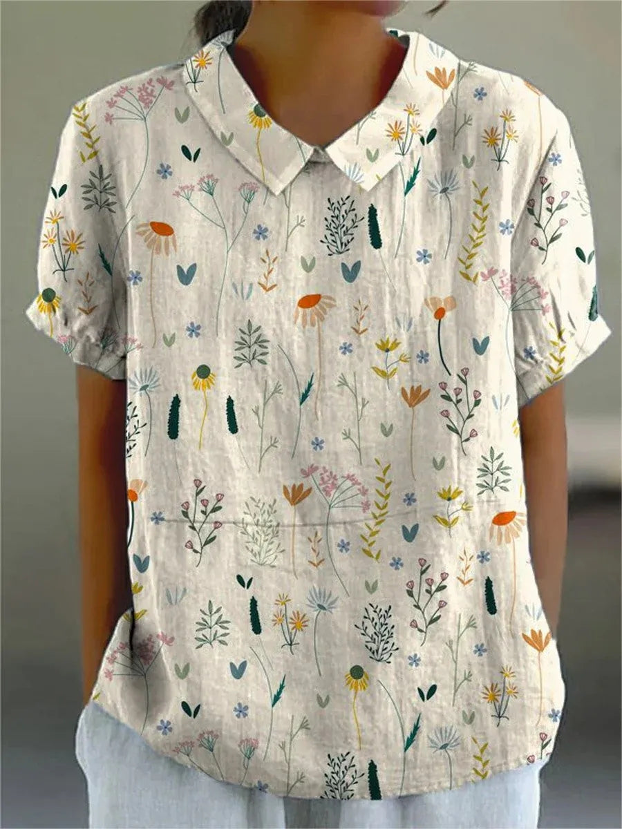 Vena | Women’s Short-Sleeved Blouse – Botanical Floral Pattern & Sharp Structured Collar