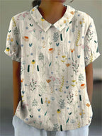 Vena | Women’s Short-Sleeved Blouse – Botanical Floral Pattern & Sharp Structured Collar