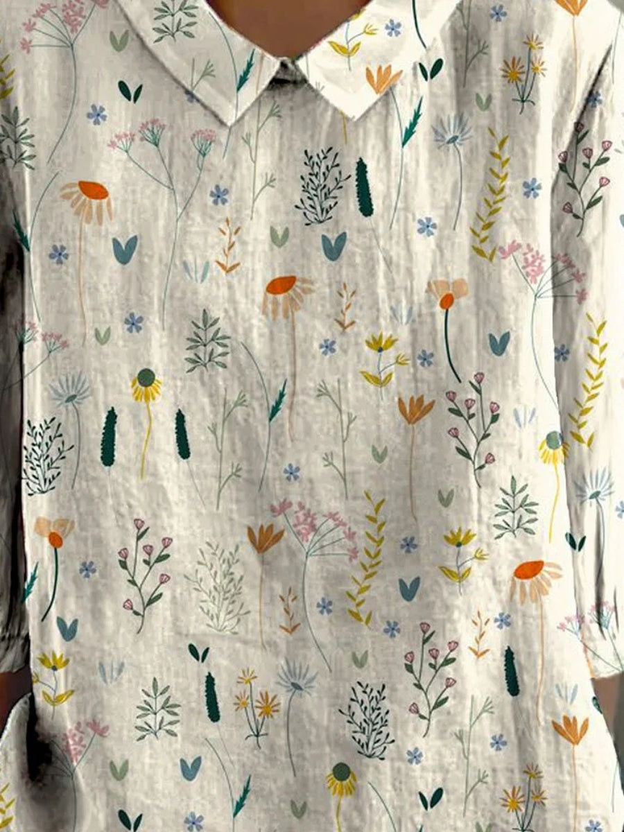 Vena | Women’s Short-Sleeved Blouse – Botanical Floral Pattern & Sharp Structured Collar