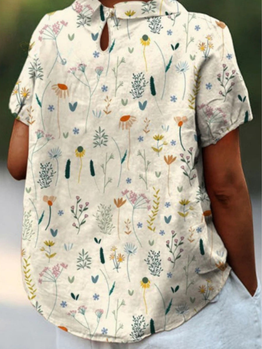 Vena | Women’s Short-Sleeved Blouse – Botanical Floral Pattern & Sharp Structured Collar
