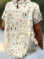 Vena | Women’s Short-Sleeved Blouse – Botanical Floral Pattern & Sharp Structured Collar