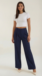 Marquise Women's Wide-Leg Office Trousers – High-Waisted Tailored Fit & Crepe Fabric Navy