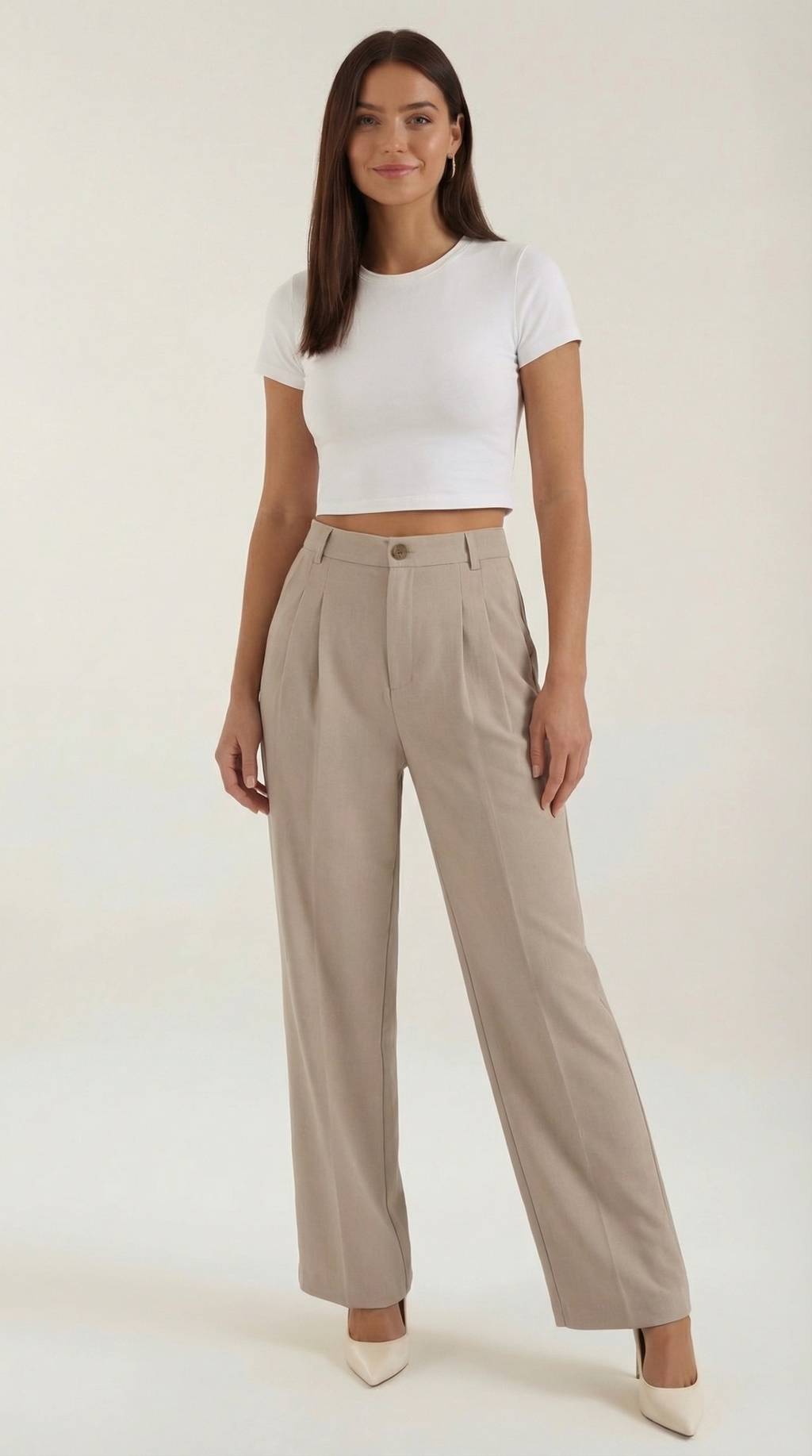 Marquise Women's Wide-Leg Office Trousers – High-Waisted Tailored Fit & Crepe Fabric Beige