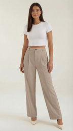 Marquise Women's Wide-Leg Office Trousers – High-Waisted Tailored Fit & Crepe Fabric Beige