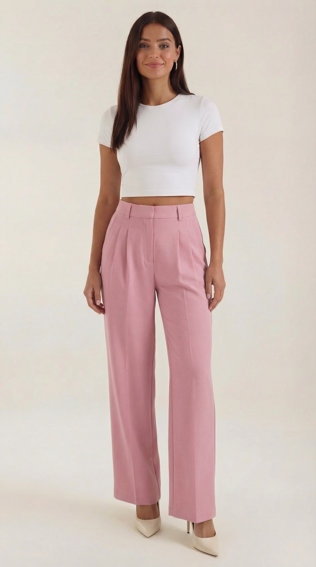 Marquise Women's Wide-Leg Office Trousers – High-Waisted Tailored Fit & Crepe Fabric Pink