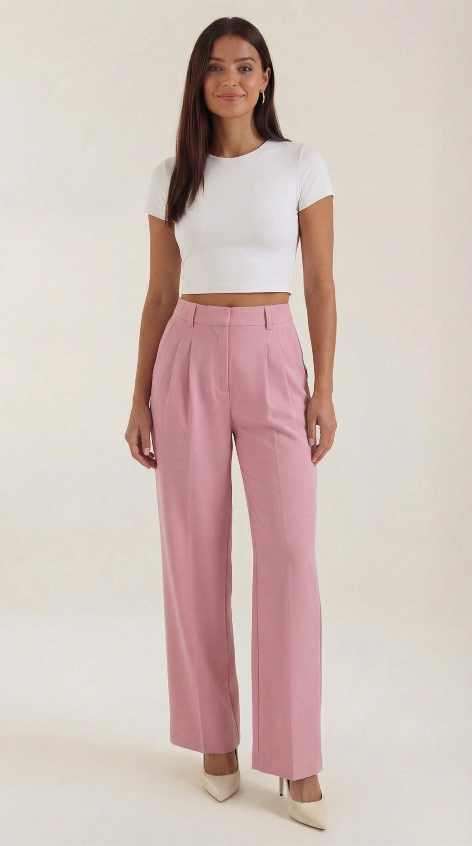 Marquise Women's Wide-Leg Office Trousers – High-Waisted Tailored Fit & Crepe Fabric Pink