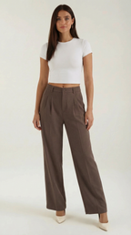 Marquise Women's Wide-Leg Office Trousers – High-Waisted Tailored Fit & Crepe Fabric Khaki