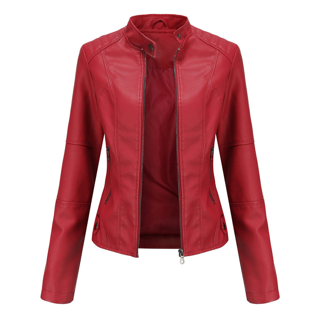 Solis | Women's Jacket | Stand Collar Zipper Pockets Red
