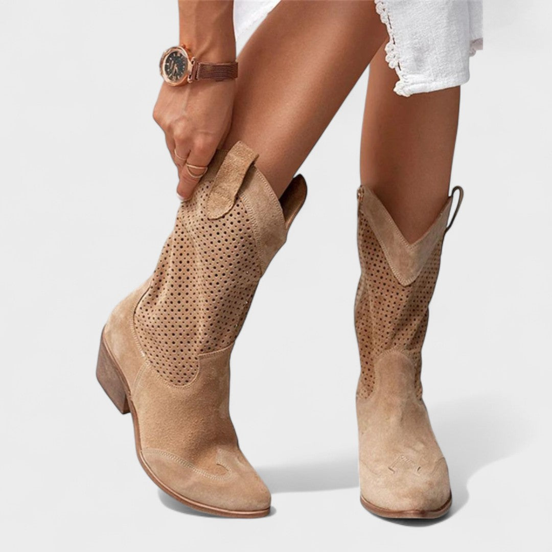 Boots for Women | Mid-Calf Perforated Detail Brown