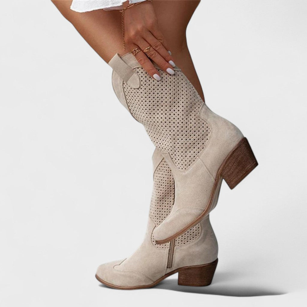 Boots for Women | Mid-Calf Perforated Detail Beige