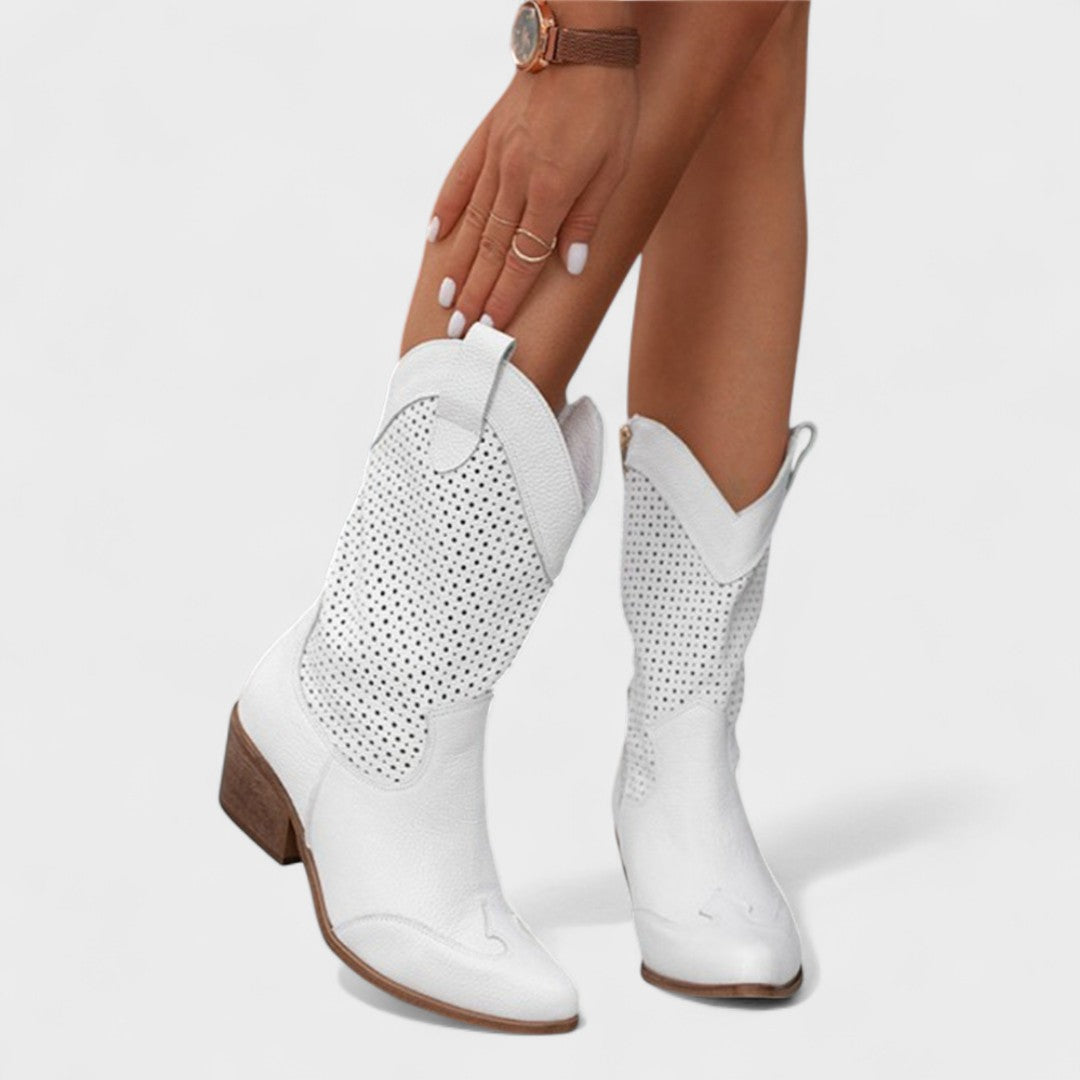 Boots for Women | Mid-Calf Perforated Detail White