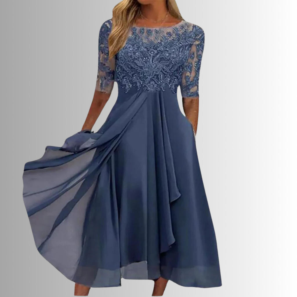 Dôre | Women’s Elegant Lace Dress – Chic Intricate Floral Lace & Slimming Evening Silhouette Blue