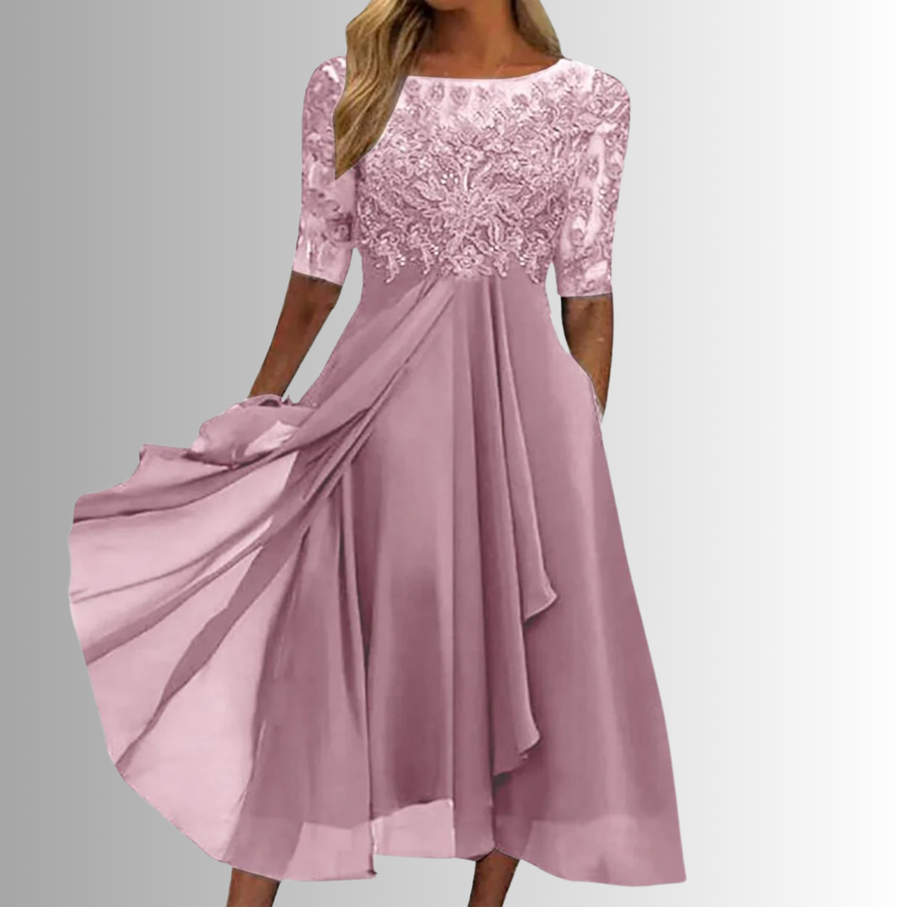 Dôre | Women’s Elegant Lace Dress – Chic Intricate Floral Lace & Slimming Evening Silhouette Pink