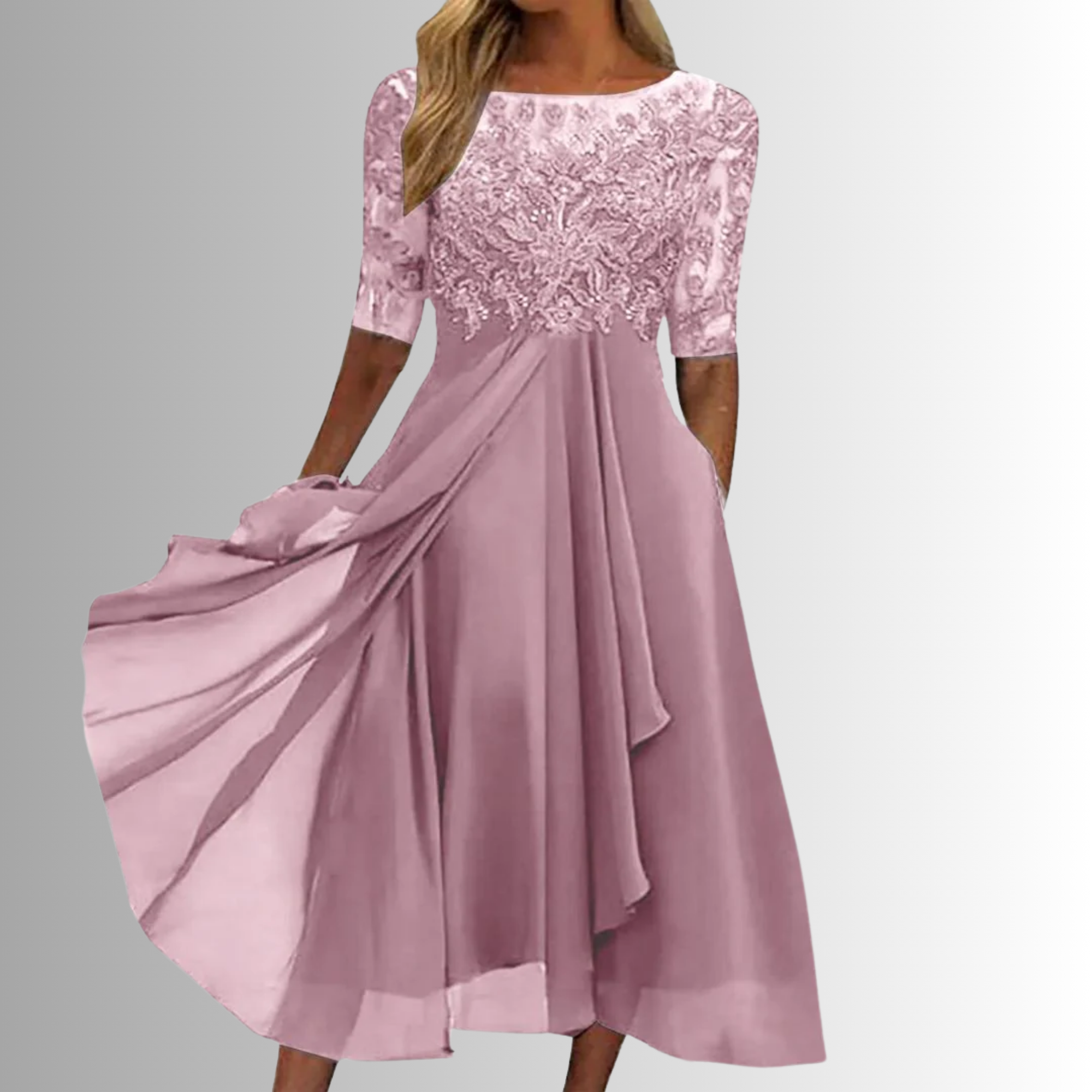Dôre | Women’s Elegant Lace Dress – Chic Intricate Floral Lace & Slimming Evening Silhouette Pink