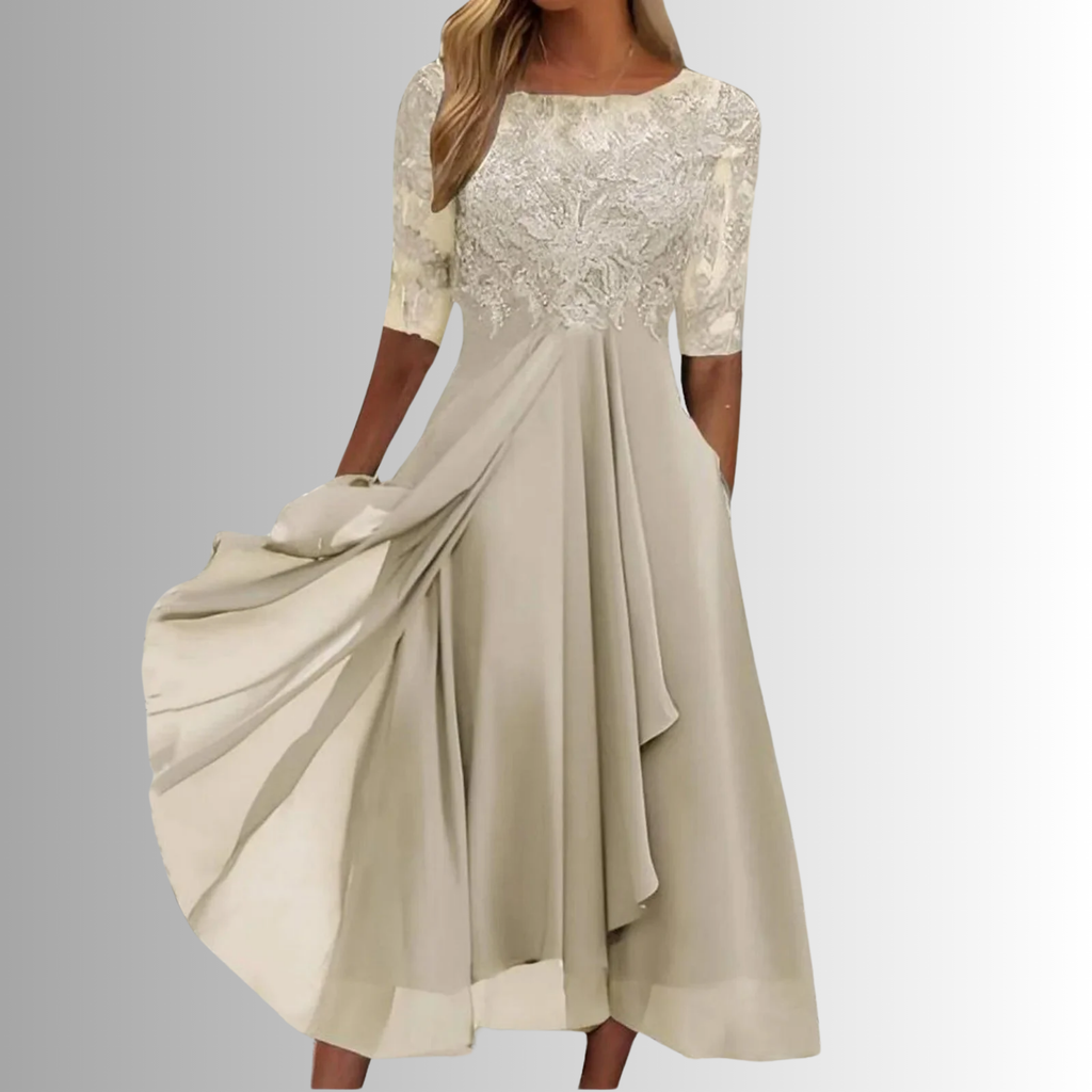 Dôre | Women’s Elegant Lace Dress – Chic Intricate Floral Lace & Slimming Evening Silhouette Cream