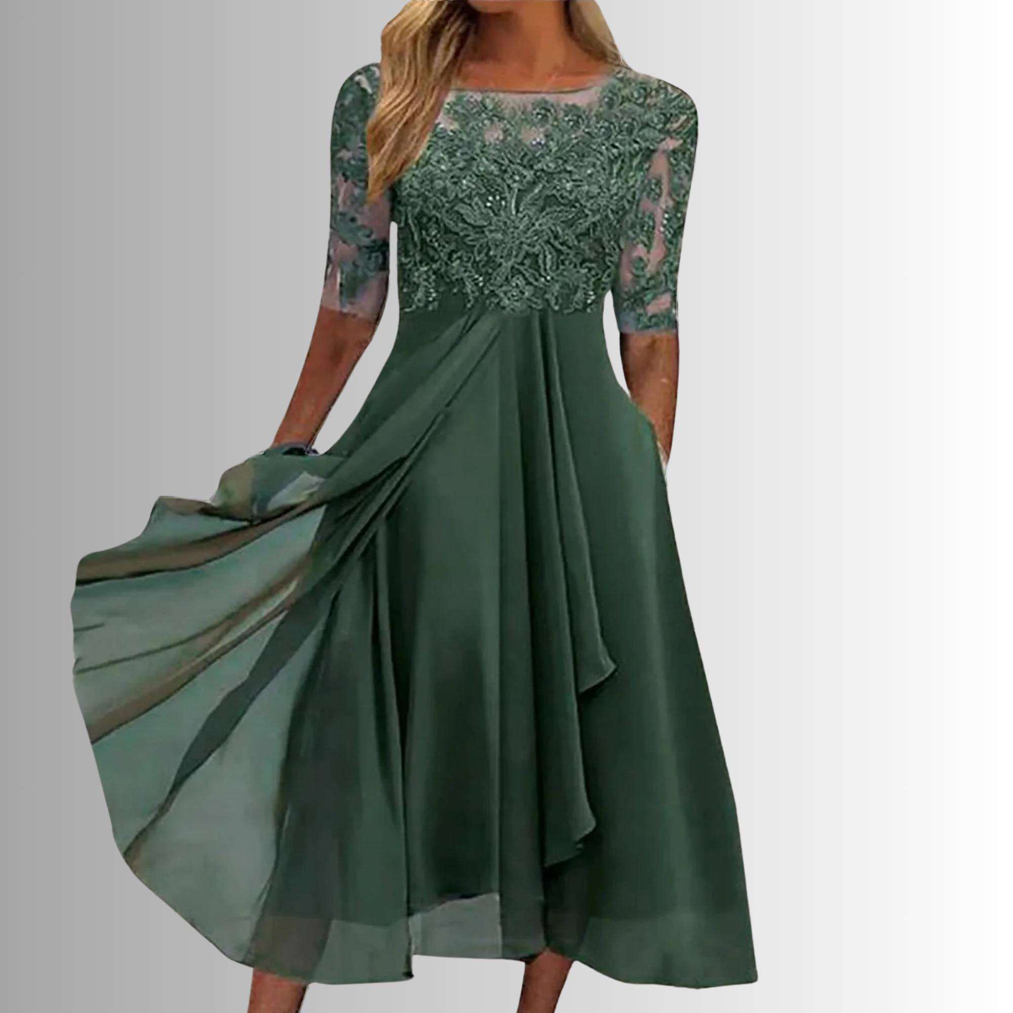 Dôre | Women’s Elegant Lace Dress – Chic Intricate Floral Lace & Slimming Evening Silhouette Green