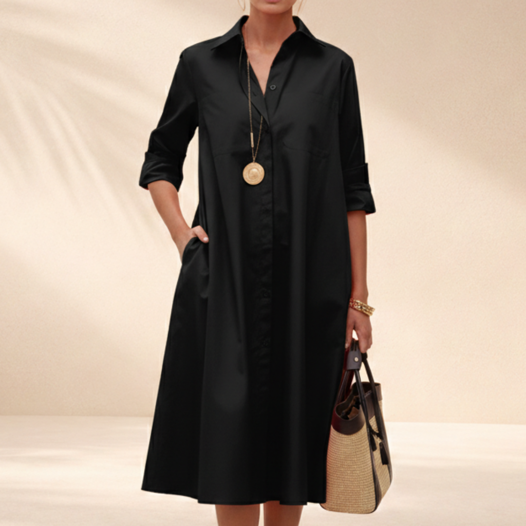 Vinea | Flowy A-Line Shirt Dress – Chic Artisan Grace & Refined Slimming Silhouette Black