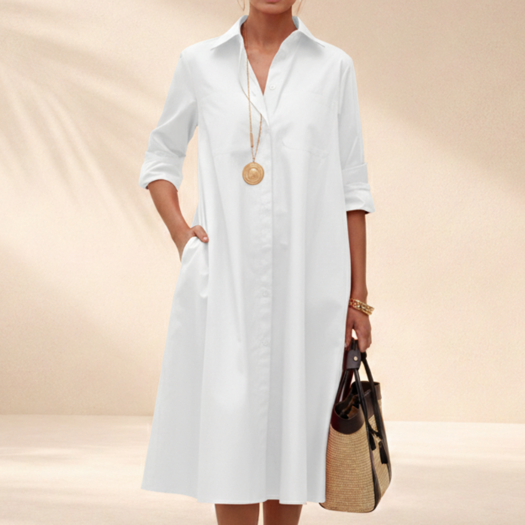 Vinea | Flowy A-Line Shirt Dress – Chic Artisan Grace & Refined Slimming Silhouette White