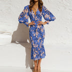 Flōre | Romantic Floral Smocked Midi Dress – Captivating Summer Style – Chic Artisan Grace & Refined Slimming Silhouette Blue