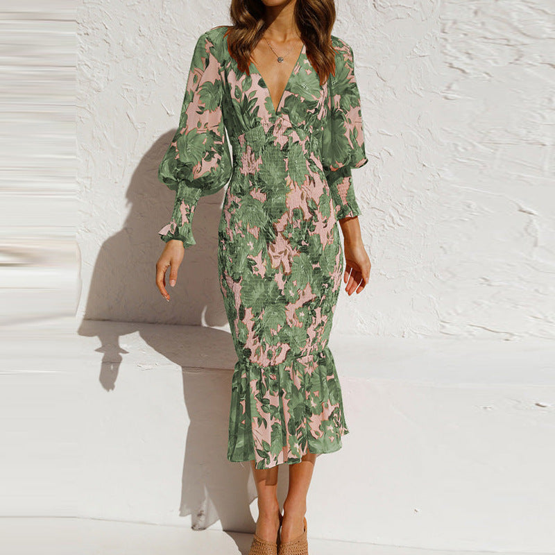 Vienna | Romantic Floral Smocked Midi Dress – Captivating Summer Style Green