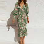 Flōre | Romantic Floral Smocked Midi Dress – Captivating Summer Style – Chic Artisan Grace & Refined Slimming Silhouette Green