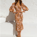 Flōre | Romantic Floral Smocked Midi Dress – Captivating Summer Style – Chic Artisan Grace & Refined Slimming Silhouette Khaki