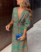 Flora | Women’s Long-Sleeved Maxi Dress – Boho V-Neck Design & Fluid Summer Drape green