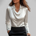 Dôre | Women’s Draped Neck Long Sleeve Satin Blouses White