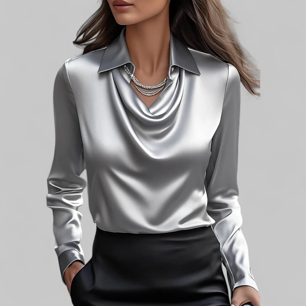 Dôre | Women’s Draped Neck Long Sleeve Satin Blouses Grey