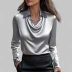 Dôre | Women’s Draped Neck Long Sleeve Satin Blouses Grey