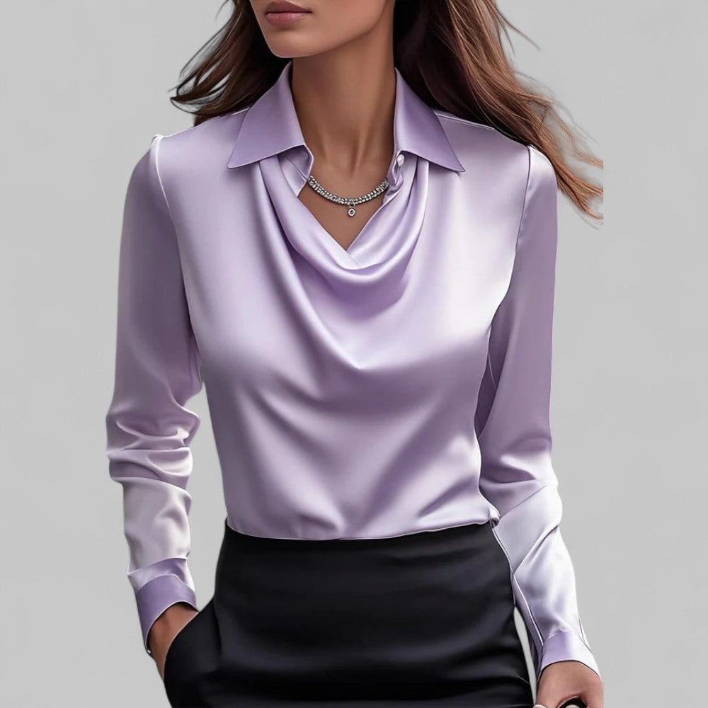 Dôre | Women’s Draped Neck Long Sleeve Satin Blouses Purple
