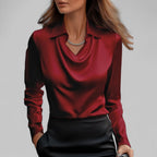 Dôre | Women’s Draped Neck Long Sleeve Satin Blouses Red