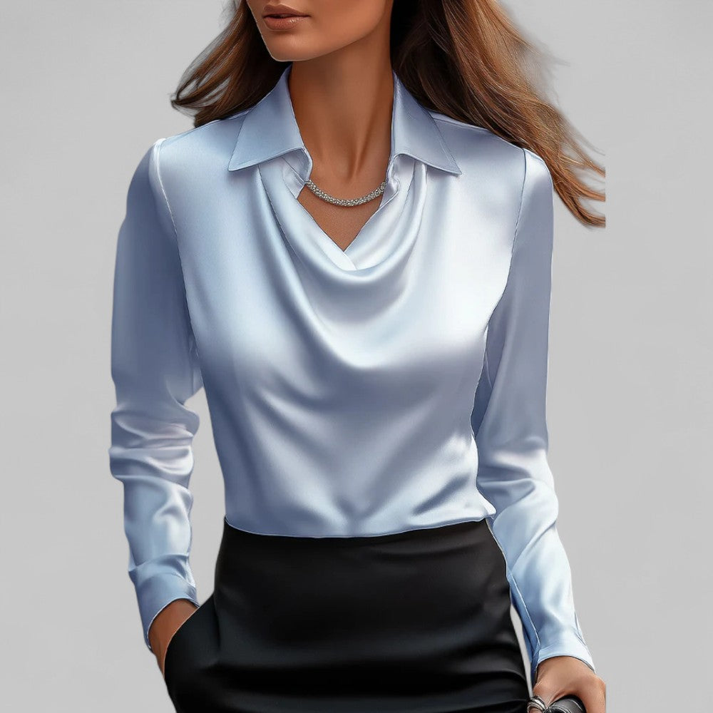 Dôre | Women’s Draped Neck Long Sleeve Satin Blouses Blue