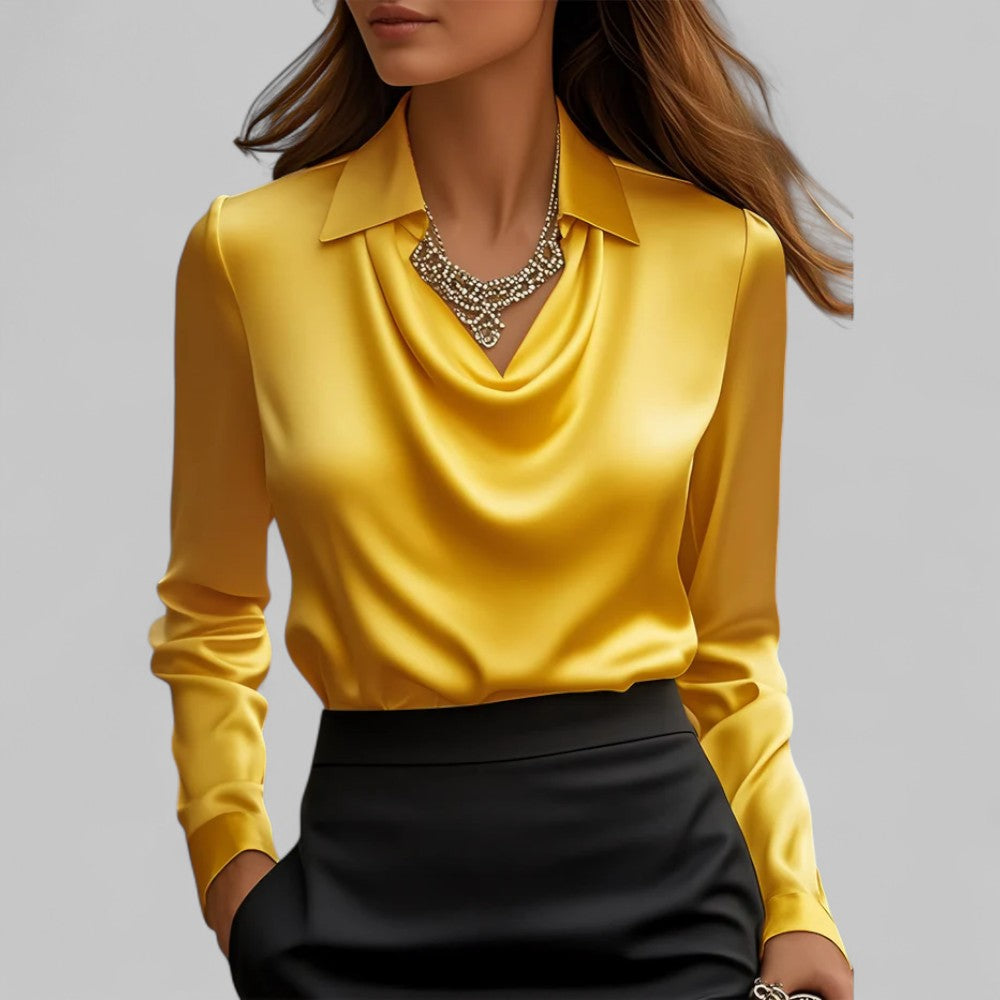 Dôre | Women’s Draped Neck Long Sleeve Satin Blouses Yellow